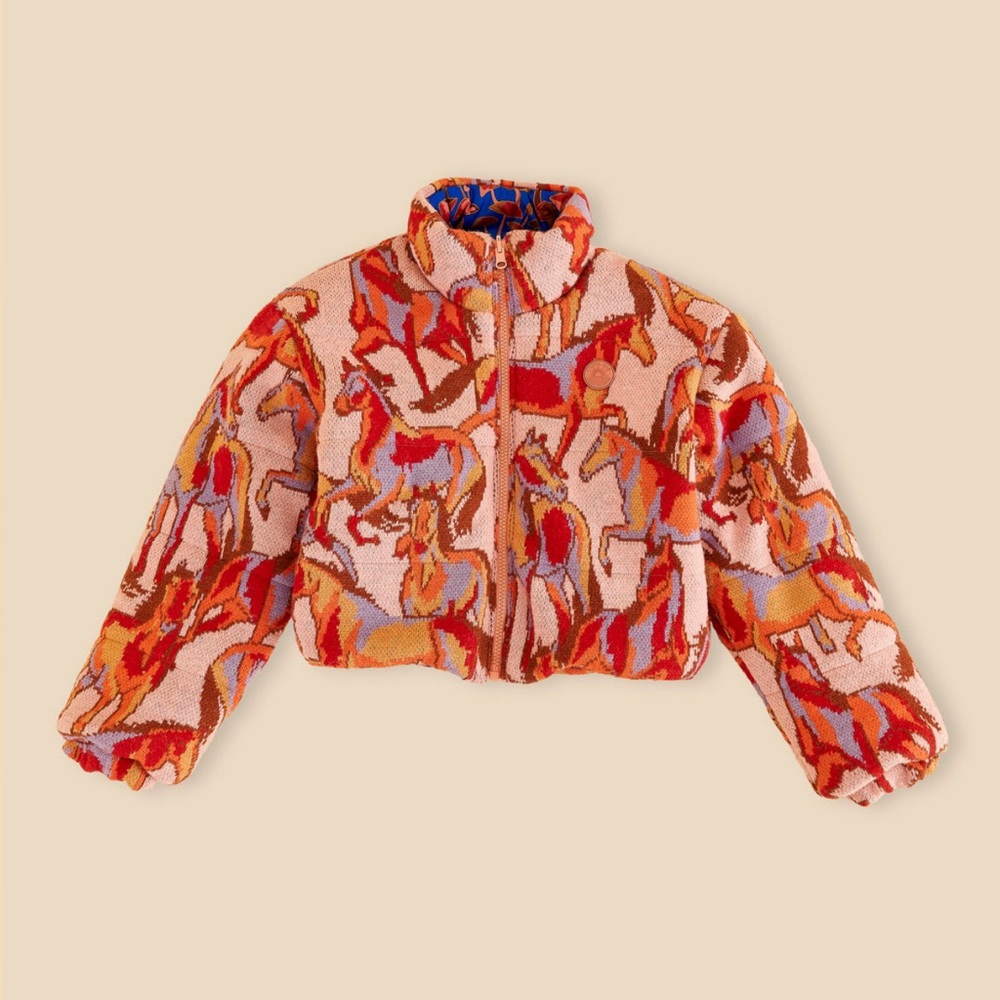 Farm Rio Rose Wild Horses Tricot Reversible Puffer Jacket - Picture 10 of 12